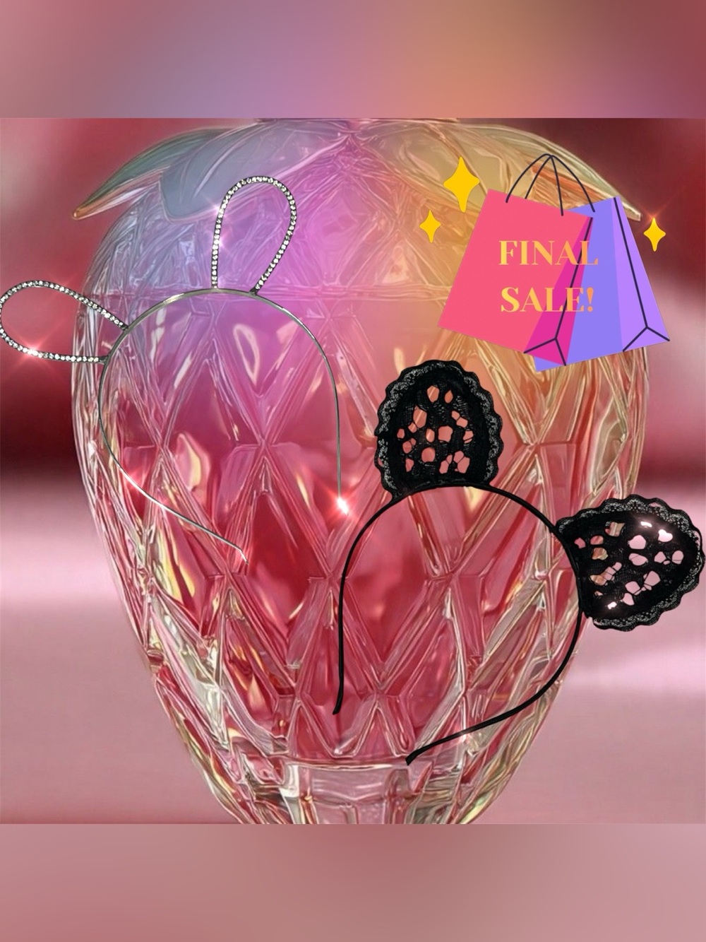 Bunny Rhinestone Ears + Black Lace Cat Ears Headband Bundle